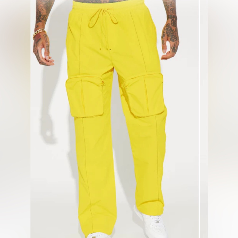 Fashion Nova Vibrant Yellow Cargo Pants, elastic and string waist,zipper pockets